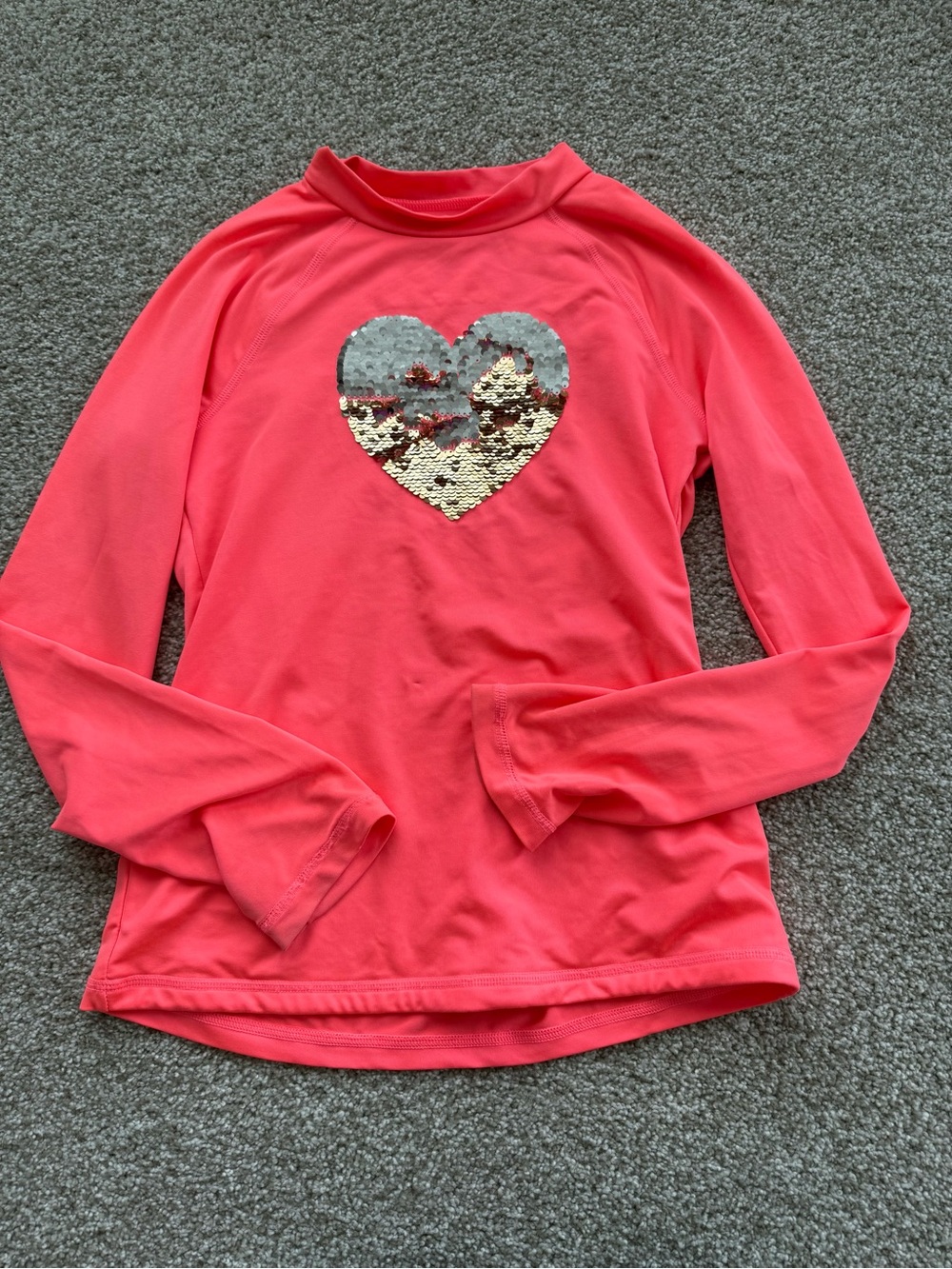 Cat & Jack Coral Pink Kids Swim Rashguard with Gold/Silver Sequin Heart